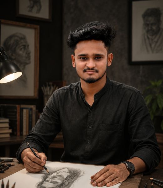 Artist Biswajit Behera sketching a large portrait in his workspace in Kataka, Odisha