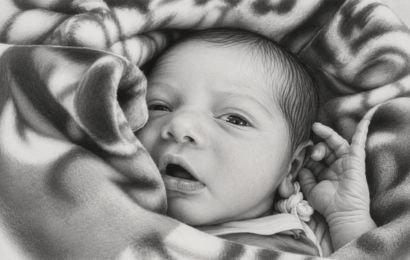 Hand-drawn graphite pencil portrait of a sleeping newborn baby