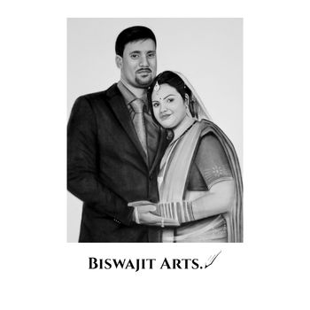 Hand-drawn portrait of a couple in formal wear embracing